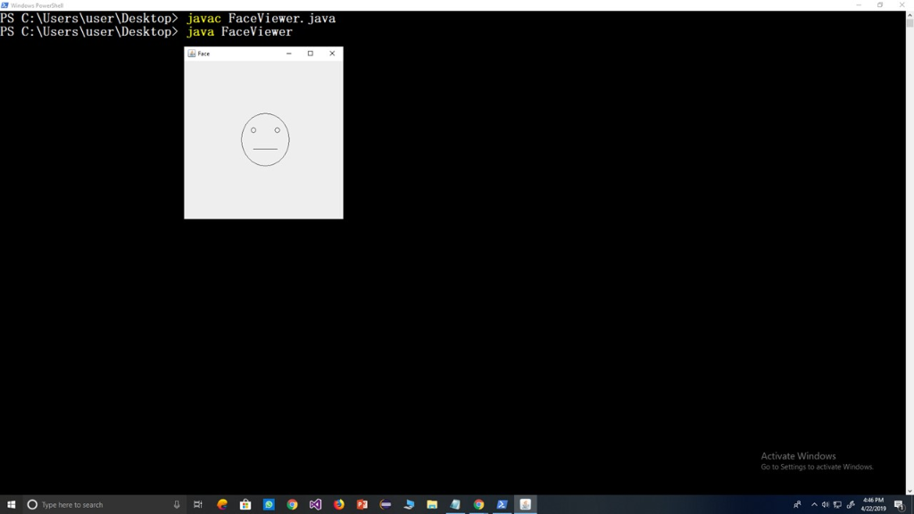 t PS C: Usersluser Desktop javac FaceViewer. java PS C: UsersluserDesktop java FaceViewer s Face Activate Windows Go to Se