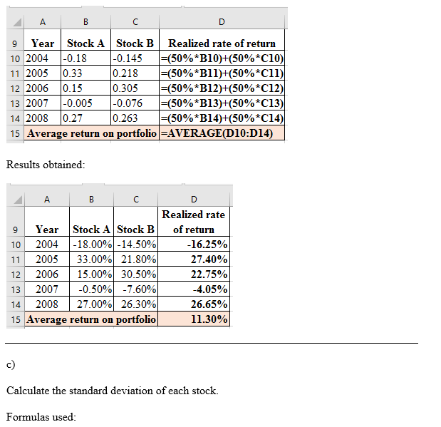 A B C D Year Stock AStock B 10 2004 11 2005 Realized rate of return |-(50% B10)+(50% C10) |=(50%*B11)+(50%*Cl1) - (50%*B12)+(