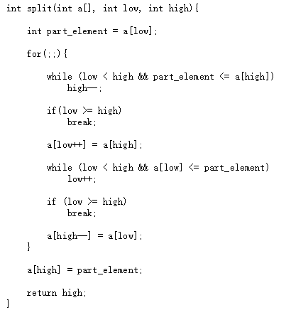 int split(int al], int low, int high) [ int part element = a[low] for(::) I while (lowくhigh && part element 〈= a[high]) high-