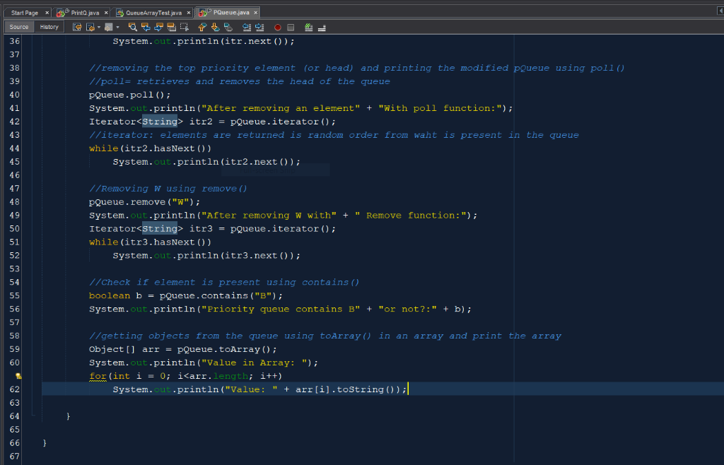 Source History 36 37 38 39 rintln (itr.nextO) System //removing the top priority element for head) and printing the modified