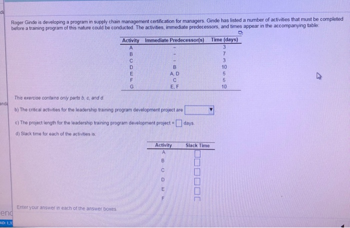 Roger Ginde is developing a program in supply chain management cerification for managers. Ginde has listed a number of actvites that must be completed before a training program of this nature could be conducted. The activities, immediate predecessors, and times appear in the accompanying table: Activity Immediate Predecessor(s) Time (days) 10 A, D E.F 10 This exercise contains only parts b, c, and d b) The critical activities for the leadership training program development project are ) The projectlength for the leadership training program development project days d) Slack time for each of the activities is Activity Slack Time Enter your answer in each of the answer boxes end AD: 1,3