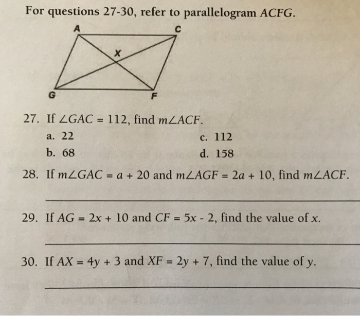 Solved For Questions 27 30 Refer To Parallelogram Acfg Chegg Com