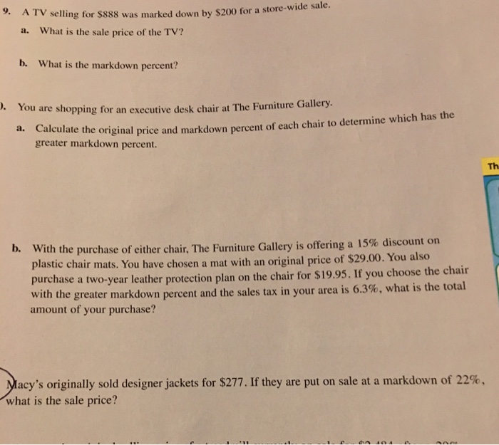 Solved A Tv Selling For 888 Was Marked Down By 200 For