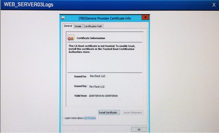 WEB_SERVERO3Logs х [TD]Service Provider Certificate Info General Details Cercabon Path XA Certificate Information This CA Roo