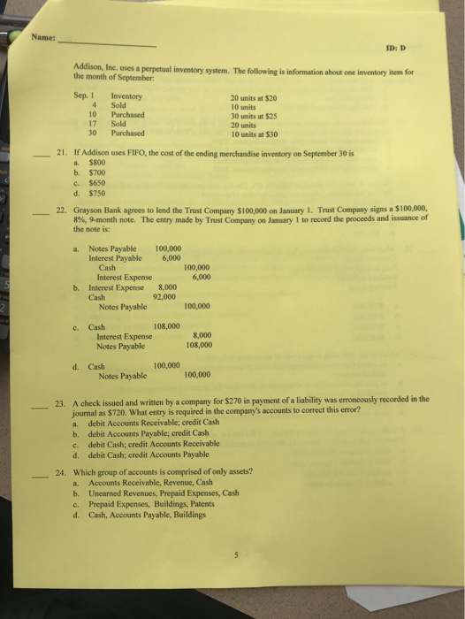 Solved Name ID D Addison, Inc, Uses A Perpetual Invento