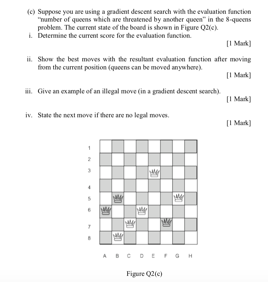 (c) Suppose you are using a gradient descent search with the evaluation function number of queens which are threatened by an