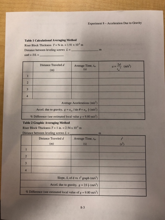 Experiment 8 Acceleration Due To Gravity Table 1 C Chegg Com