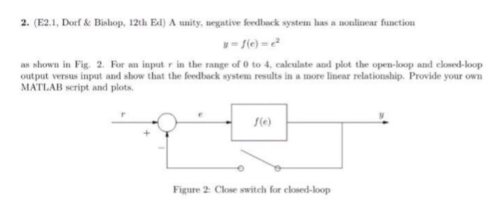2. (E2.1, Dorf& Bishop, 12th Ed) A unity, negative feedback system has a nonlinear function y = f(e) = e2 as shown in Fig. 2. For an input r in the range of 0 to 4, calculate and plot the open-loop and closed-loop output versus input and show that the feedback system results in a more linear relationship. Provide your own MATLAB script and plots f(e) Figure 2: Close switch for closed-loop