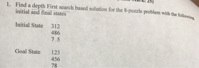 R: 25) Find a depth First search based solution for the 8-puzzle problem with the follow initial and final states the followi