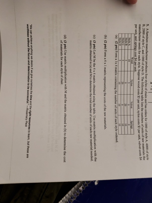 A. 5. A funiture manufacturer produces four styles of chairs and has orders for 1000 of style A, 4000 of style B, 2000 of style C, and 1000 of style D. The following table lists the numbers of units of raw materials the needs for each style. Suppose wood costs $5 per unit, nylon costs $3 per unit, velvet cots per unit, and springs cost $4 per unit. Wood Nylon Velvet Stvle A 10 Stvle C Style D (a) 2 pts) Form a lx 4 matrix containing the number of units of each style ordered. (b) (2 pts) Form a 4 x 1 matrix representing the costs of the raw materials. (c) (3 pts) Let M be the 4 x 4 matrix obtained using the table Use matrix multiplication with the matrix obtained in (a) and M to determine the total number of units of each raw material needed. (d) (3 pts) Use matrix multiplication with M and the matrix obtained in (b) to determine the cost of materials for each style of chair. we desire if we give ourselives the time and the right resources to leam, but these are We can achieve anything without the focus and determination to be successful.Rosemary Peck