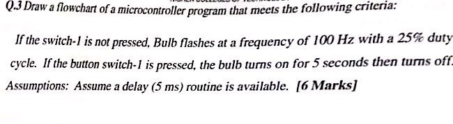 Q3 Draw a flowchart of a microco ntroller program that meets the following criteria: If the switch-1 is not pressed. Bulb fla