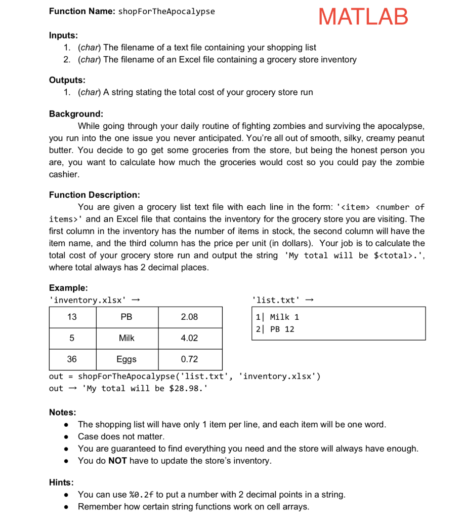 solved function name shopfortheapocalypse matlab inputs grocery list cost calculator