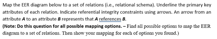 Map the EER diagram below to a set of relations (i.e., relational schema). Underline the primary key attributes of each relation. Indicate referential integrity constraints using arrows. An arrow from an attribute A to an attribute B represents that A references B (Note: Do this question for all possible mapping options. - Find all possible options to map the EER diagram to a set of relations. Then show your mapping for each of options you found.)
