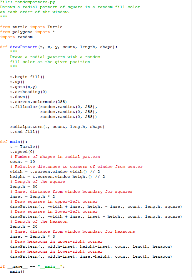 ile: randompatters pY Daraws a radial pattern of squars in a random fill color at each order of the window from turtle import