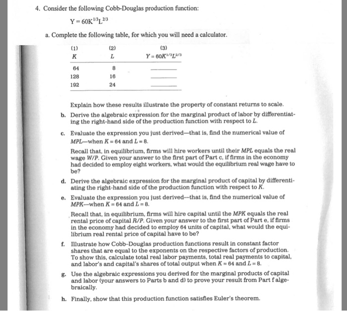 Solved 4 Consider The Following Cobb Douglas Production Chegg Com