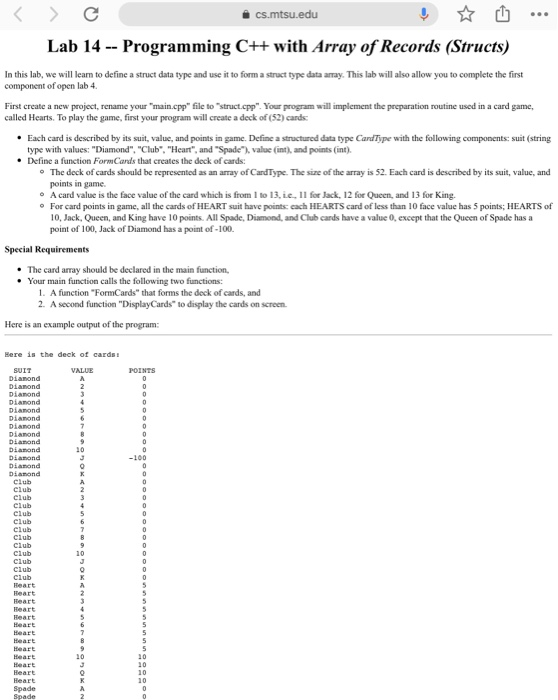 Lab 14 -- Programming C++ with Array of Records (Structs) In this lab, we will learm to define a struct data type and use it