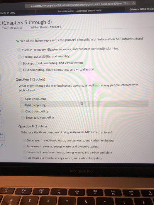 gastate.xvlew.usg.edu/d2 Quizzes INTRO TO INF Essay Generator-Automated Essay Creator Write an Essay (Chapters 5 through 8) W