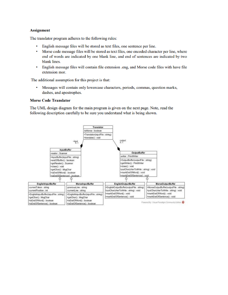Assignment The translator program adheres to the following rules: English message files will be stored as text files, one sentence per line Morse code message files will be stored as text files, one encoded character per line, where end of words are indicated by one blank line, and end of sentences are indicated by two blank lines. English message files will contain file extensioneng, and Morse code files with have file extension mor The additional assumption for this project is that: Messages will contain only lowercase characters, periods, commas, question marks, dashes, and apostrophes. Morse Code Translator The UML design diagram for the main program is given on the next page. Note, read the following description carefully to be sure you understand what is being shown. oMorse :bodiean stringl le: string) Buffer oken: string int string stringi : vold void void string) sting) void void