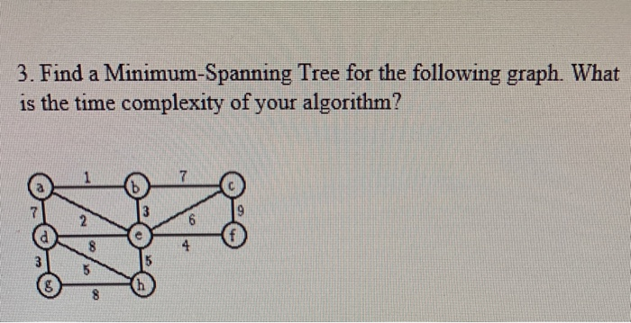 3. Find a Minimum-Spanning Tree for the following graph. What is the time complexity of your algorithm? 7