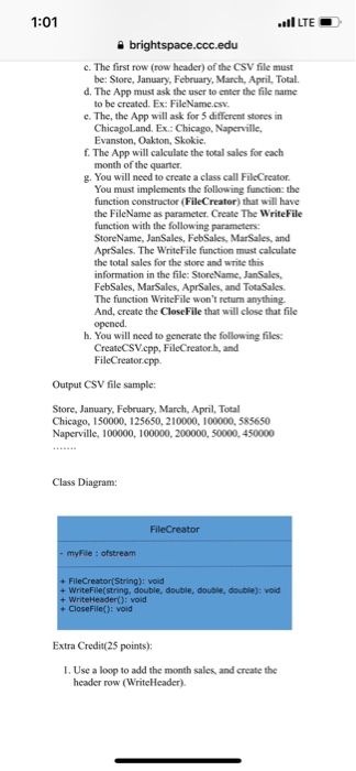 1:01 c. The first row (row header) of the CSV file must d. The App must ask the user to enter the file name e. The, the App w