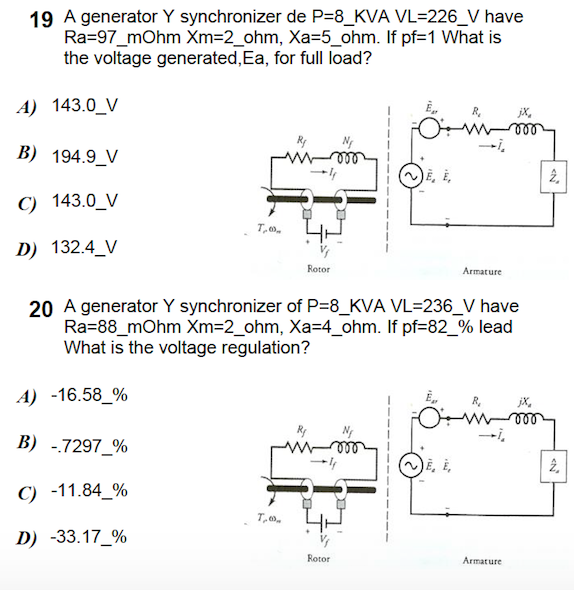 Solved 19 A Generator Y Synchronizer De P 8 Kva Vl 226 V Chegg Com