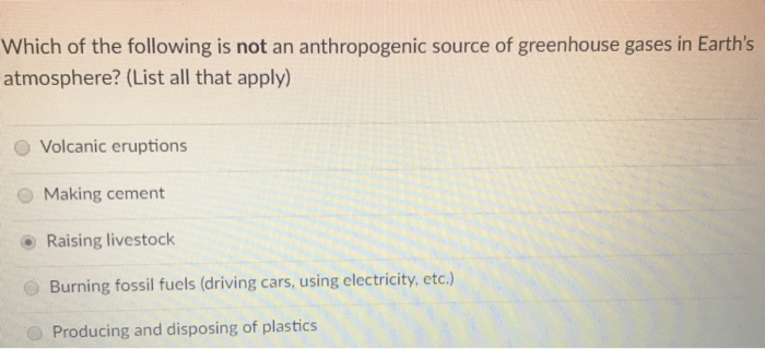 Solved Which Of The Following Is Not An Anthropogenic Source Chegg Com