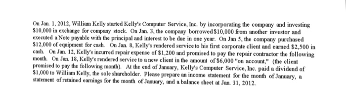 On Jan 1, 2012, William Kelly started Kellys Computer Service, Inc. by incorporating the company and investing $10,000 in exchange for company stock. On Jan. 3, the company borrowed $10,000 from another investor and executed a Note payable with the principal and interest to be due in one year. On Jan 5, the company purchased 12,000 of equipment for cash. On Jan. 8, Kellys rendered service to his first corporate client and earned S2,500 in cash. On Jan 12, Kellys incurred repair expense of $1,200 and promised to pay the repair contractor the following month. On Jan. 18, Kellys rendered service to a new client in the amount of S6,000 on account, (the client promised to pay the following month). At the end of January, Kellys Computer Service, Inc. paid a dividend of 1,000 to William Kelly, the sole shareholder. Please prepare an income statement for the month of Jan statement of retained earnings for the month of January, and a balance sheet at Jan. 31, 2012. ary, a