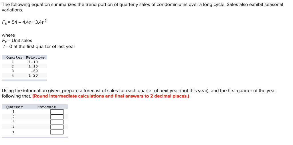 The following equation summarizes the trend portion of quarterly sales of condominiums over a long cycle. Sales also exhibit