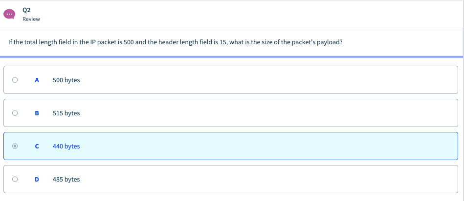 Q2 Review If the total length field in the IP packet is 500 and the header length field is 15, what is the size of the packet