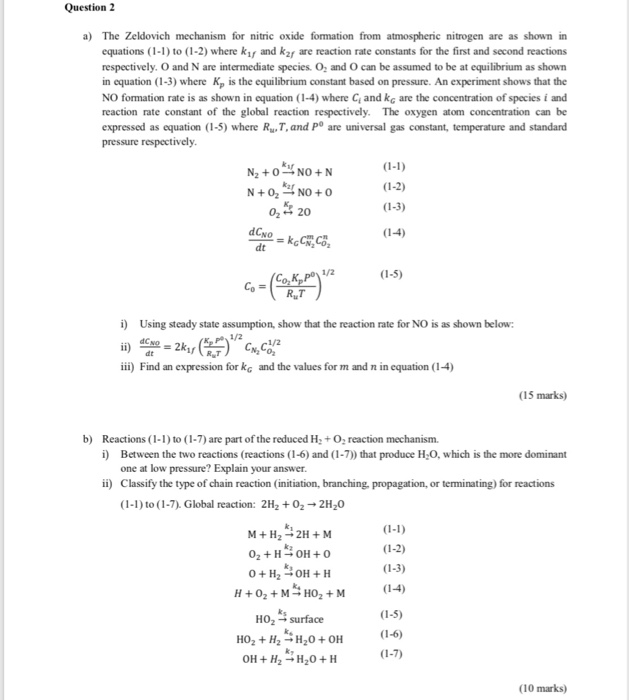 Question2 A The Zeldovich Mechanism For Nitric Ox