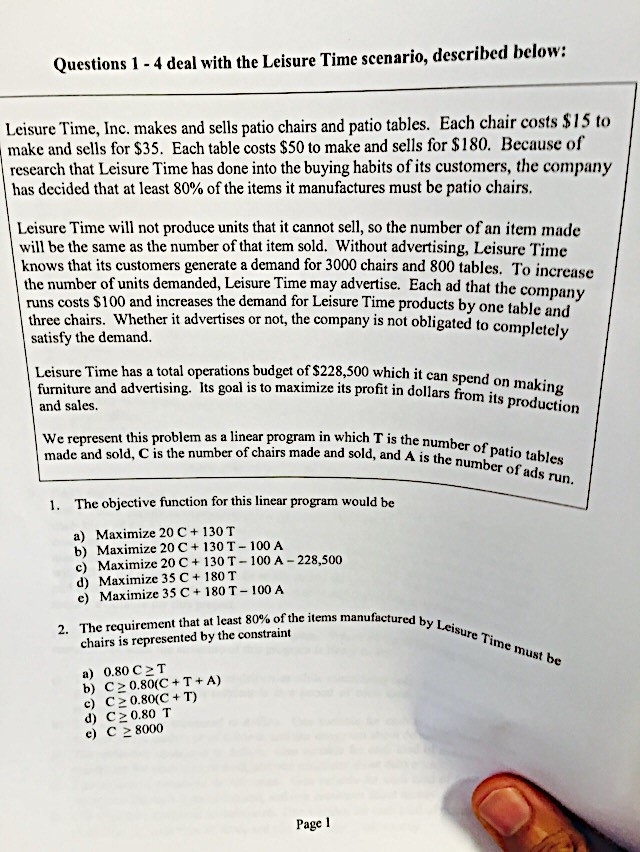 Solved Questions 1 4 Deal With The Leisure Time Seenario