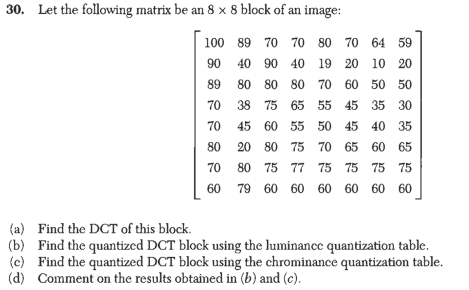 30 Let The Following Matrix Be An 8 X 8 Block Of Chegg Com