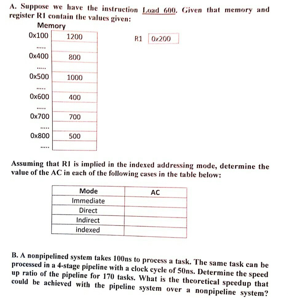 A. Suppose we have the instruction Load register RI contain the values given: 6). Given that memory and Memory 0x100 1200 R1 0x200 0x400 800 0x500 1000 0x600 400 0x700 700 0x800 500 Assuming that R1 is implied in the indexed addressing mode, determine the value of the AC in each of the following cases in the table below: Mode Immediate Direct Indirect indexed AC B. A nonpipelined system takes 100ns to process a task. The same task can be processed in a 4-stage pipeline with a clock cycle of 50ns. Determine the speed up ratio of the pipeline for 170 tasks. What is the theoretical speedup that could be achieved with the pipeline system over a nonpipeline system?