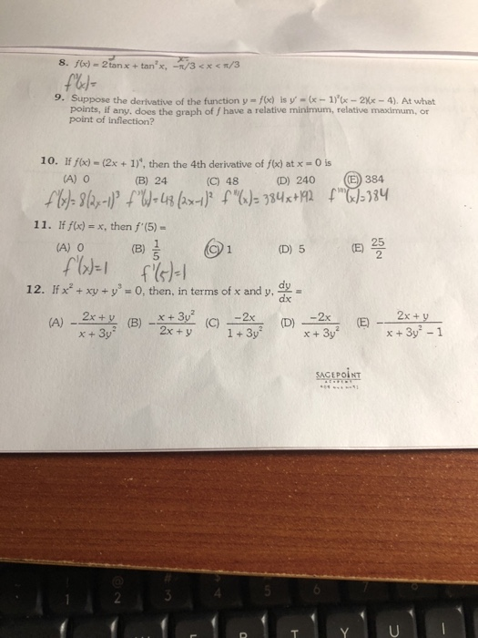 Fe 9 Suppose The Derivative Of The Function Y F X Chegg Com