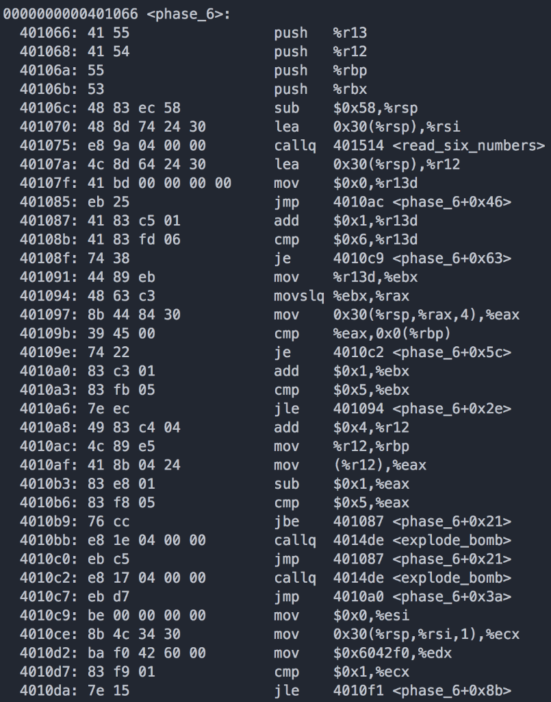 0000000000401066 <phase_6>: 401066: 41 55 401068: 41 54 40106a: 55 40106b: 53 40106c: 48 83 ec 58 401070: 48 8d 74 24 30 4010