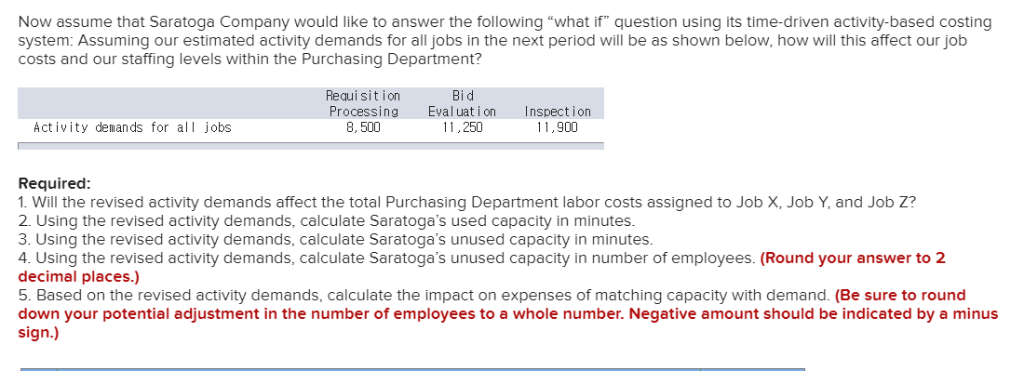 Now assume that saratoga company would like to answer the following what if question using its time-driven activity-based c