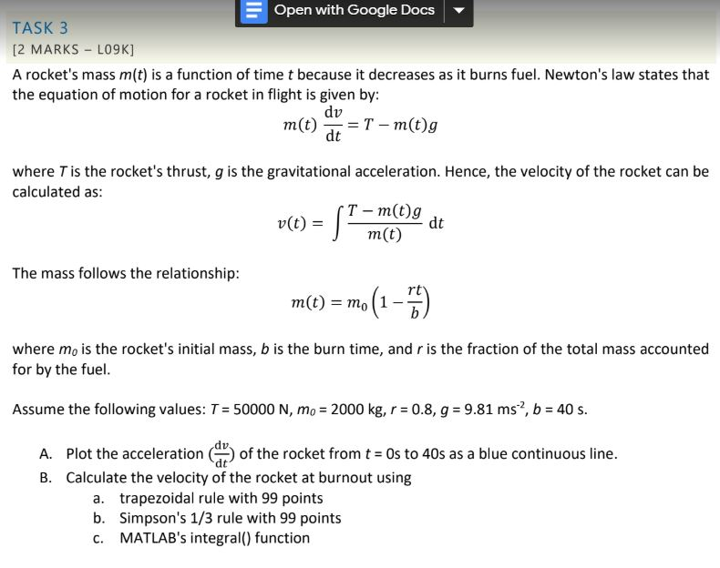 Solved Open Google Docs Task 3 2 Marks Lo9k Rocket S Mass M T Function Time T Decreases Burns Fue Q