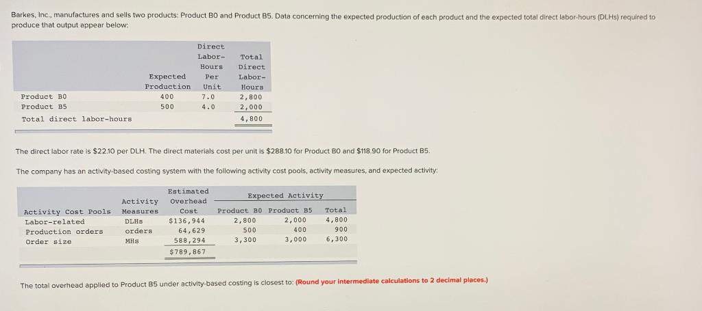 Barkes, inc., manufactures and sells two products: product bo and product b5. data concerning the expected production of each