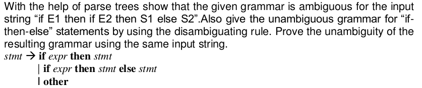 With the help of parse trees show that the given grammar is ambiguous for the input string if E1 then if E2 then S1 else S2