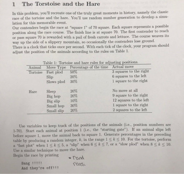The Torstoise and the Hare 1 In this problem, youll recreate one of the truly great moments in history, namely the classic r