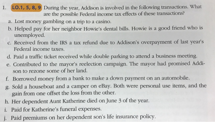 1. Lo.1, 5, 8,9 During the year, Addison is involved in the following transactions. What are the possible Federal income tax effects of these transactions? a. Lost money gambling on a trip to a casino. b. Helped pay for her neighbor Howies dental bills. Howie is a good friend who is unemployed. c. Received from the IRS a tax refund due to Addisons overpayment of last years Federal income taxes. d. Paid a traffic ticket received while double parking to attend a business meeting. e. Contributed to the mayors reelection campaign. The mayor had promised Addi- son to rezone some of her land. f. Borrowed money from a bank to make a down payment on an automobile. g. Sold a houseboat and a camper on eBay. Both were personal use items, and the gain from one offset the loss from the other. h. Her dependent Aunt Katherine died on June 3 of the year. i. Paid for Katherines funeral expenses. j. Paid premiums on her dependent sonslife insurance policy