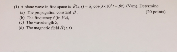 Solved 1 A Plane Wave In Free Space Is E Z T A Cos 3 Chegg Com