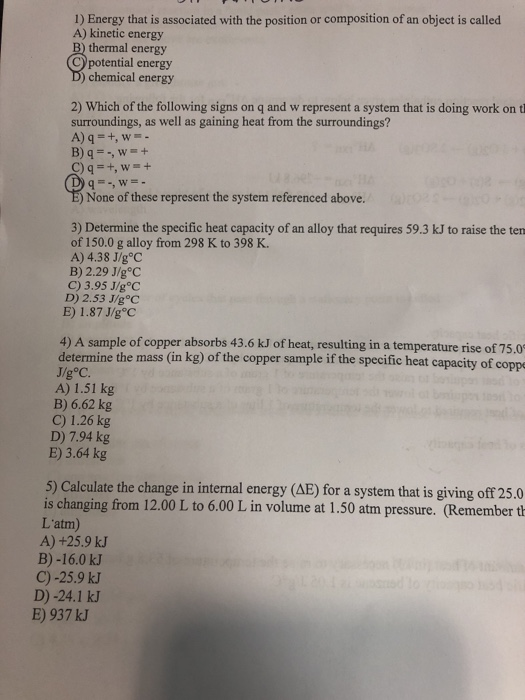 Solved 1 Energy That Is Associated With The Position Or Chegg Com