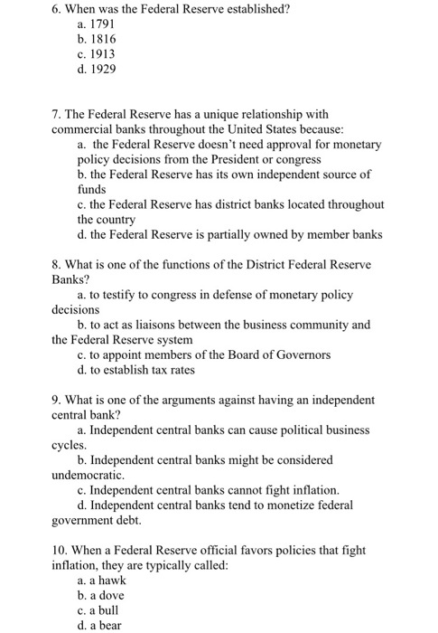 Solved 6 When Was The Federal Reserve Established A 17