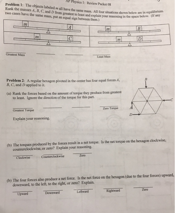 Ap Physics 1 Review Packet 08 Rank The M All Have Chegg 