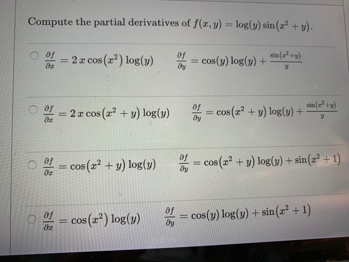 Solved Compute The Partial Derivatives Of F X Y Log U Chegg Com