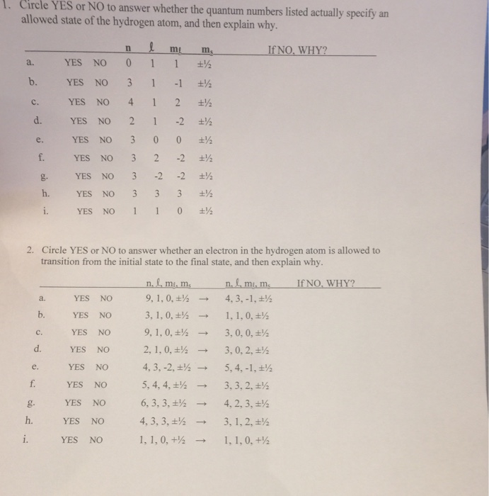 Solved Circle Yes Or No To Answer Whether The Quantum Num Chegg Com