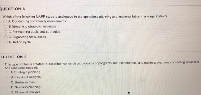 QUESTION 8 Which of the following MAPP steps is analogous to the operations planning and implementation 

<div class=