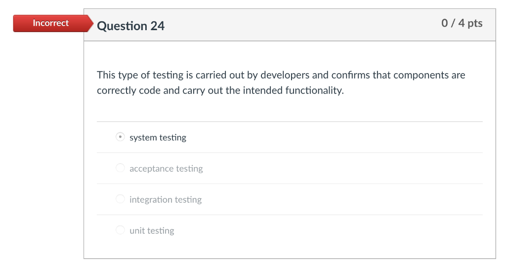 0/4 pts Incorrect Question 24 This type of testing is carried out by developers and confirms that components are correctly co