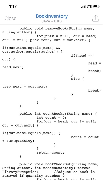 1:17 Booklnventory JAVA -6 KB Close public void removeBook (String name, string author) { cur !- null; prev -cur, cur - cur.n
